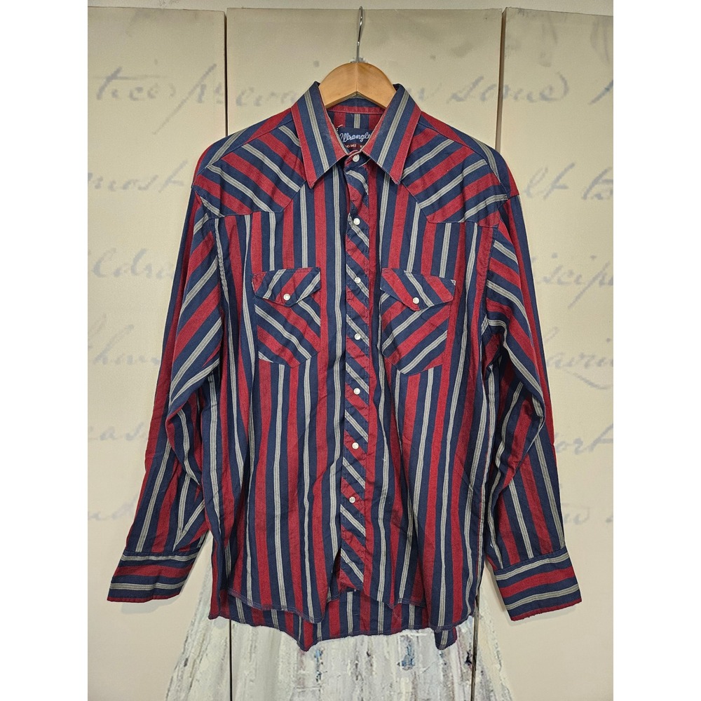 Wrangler Mens‎ Western Snap Shirt X-Long Tails Striped Blue Red Gray 16.5-35 L